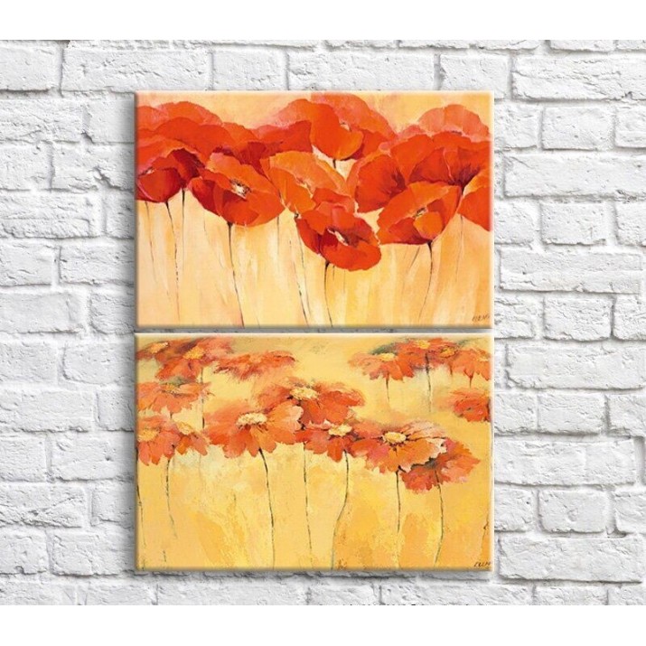 Картина ArtPoster Red poppies and gerberas in oil on a Yellow background (3467847)