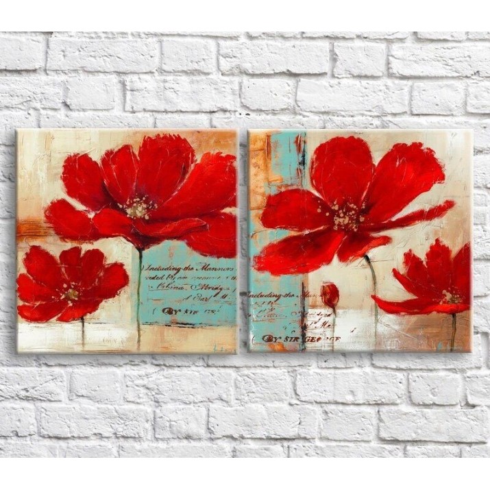 Pictură ArtPoster Red poppies in oil on a background of text diptych (3467734)
