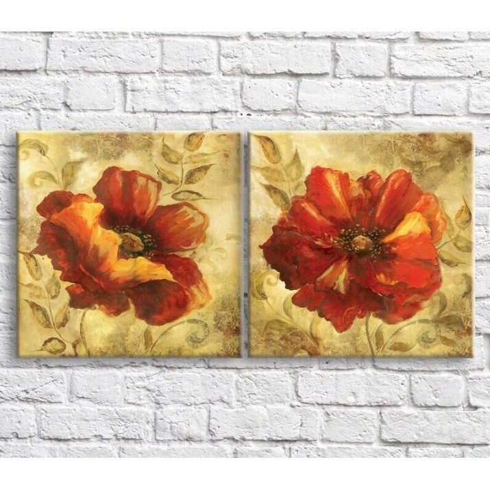Pictură ArtPoster Red poppy in oil on a Beige background, diptych (3467744)