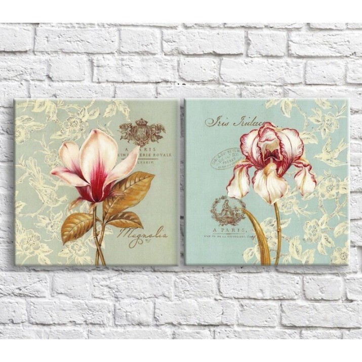 Pictură ArtPoster Red/White magnolia and irises on a Blue background, vintage, diptych (3467727)