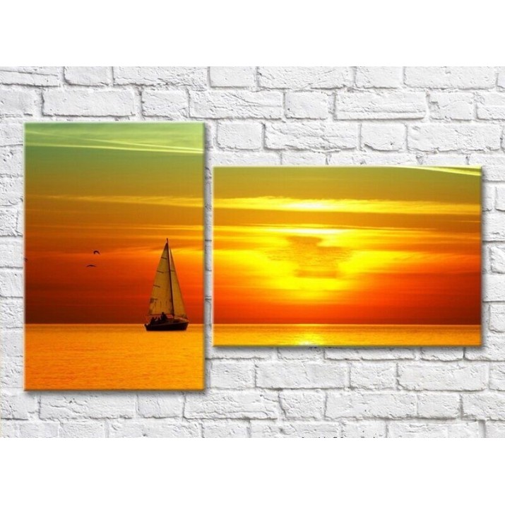 Pictură ArtPoster Sailing boat on the background of Yellow sunset 01 (3453839)