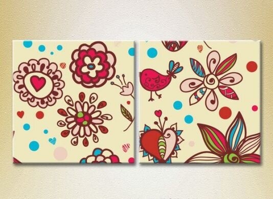 Pictură ArtPoster Texture Burgundy flowers and birds (2225891)
