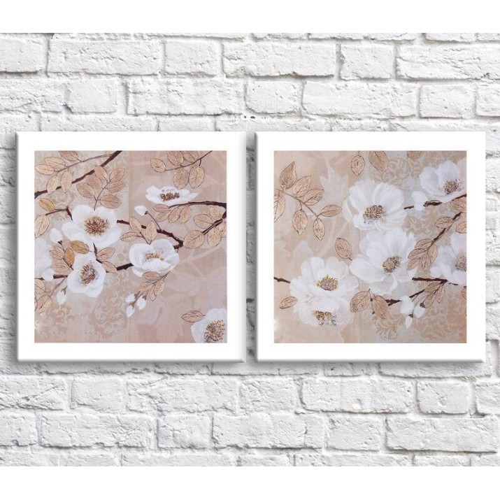 Картина ArtPoster White flowers and leaves in oil on a Beige background, diptych (3467685)