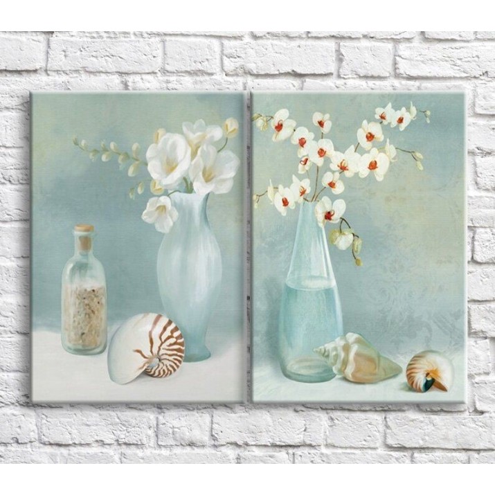 Картина ArtPoster White flowers in vases and seashells on a Pale/Blue background (3467842)