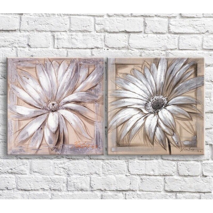 Pictură ArtPoster White gerbera in oil on a Beige background, diptych (3467645)