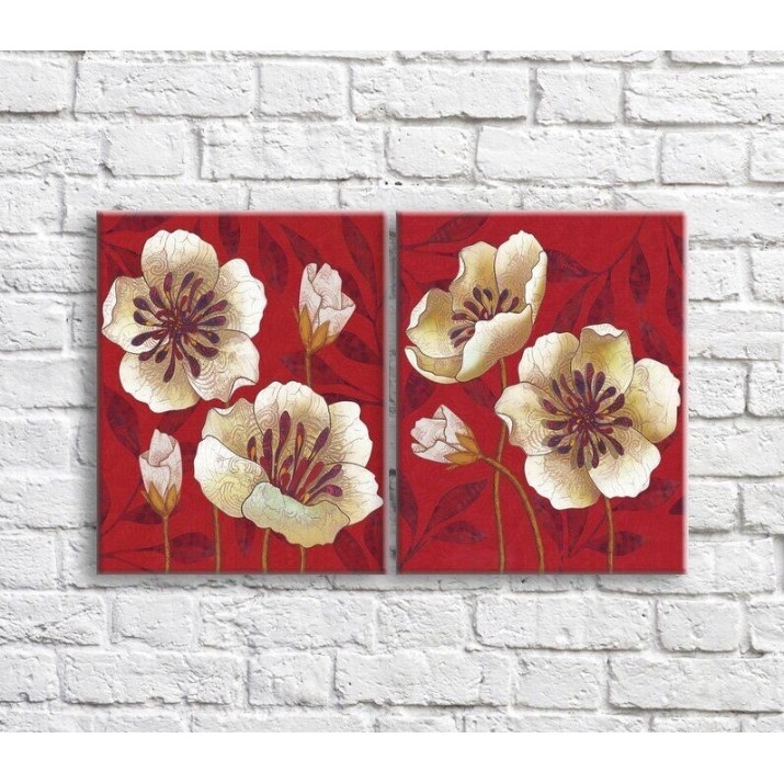 Картина ArtPoster White poppies on a background of leaves, background Red, diptych (3467680)