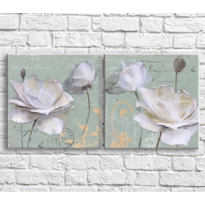 Картина ArtPoster White poppies on a Blue background with text and patterns, diptych (3467672)