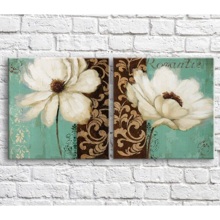 Картина ArtPoster White poppies on a Green/Brown background with patterns, diptych (3467673)