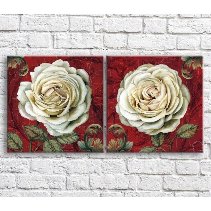 Pictură ArtPoster White rose bud on a Red background with patterns, diptych (3467705)