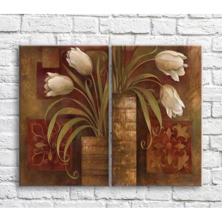 Pictură ArtPoster White tulips in vases on Brown background (3467836)