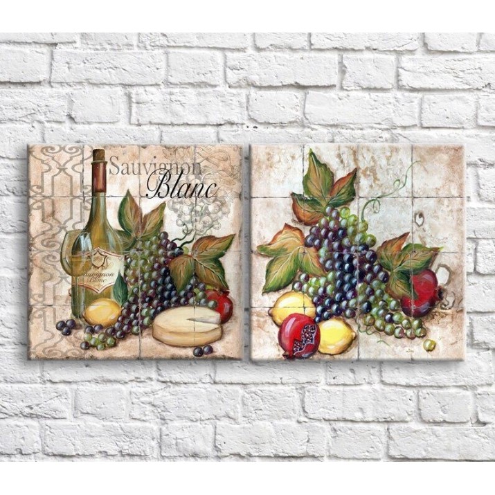 Pictură ArtPoster Wine/cheese and fruits on a background of patterns (3478724)