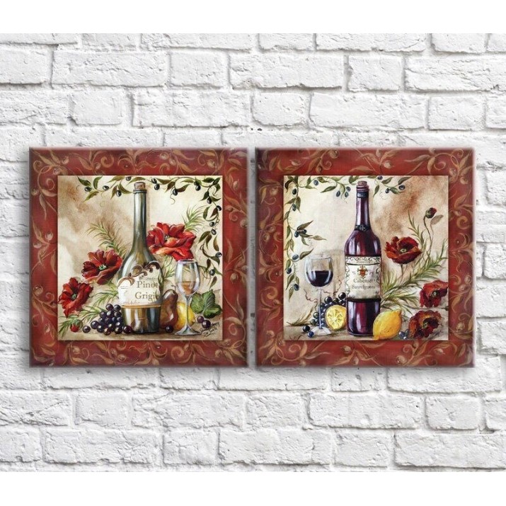 Pictură ArtPoster Wine/flowers and fruits on a background of patterns (3478725)