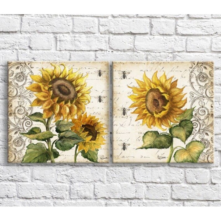 Картина ArtPoster Yellow sunflowers and bees in oil on a background of text and patterns, diptych (3467717)