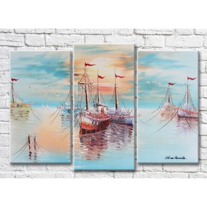Картина Rainbow Boats and seagulls against the blue sky (3485210)
