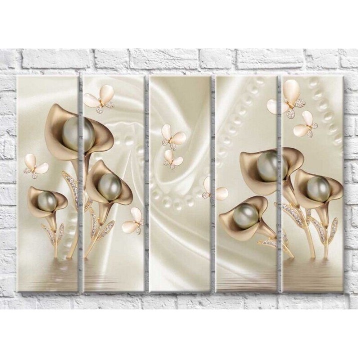 Pictură Rainbow Calla lilies and butterflies from jewelry on a silk background (3551868)