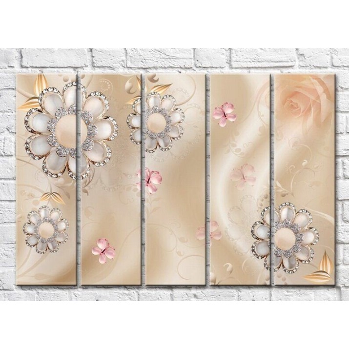 Pictură Rainbow Flowers and butterflies from jewelry on a Beige background (3551867)