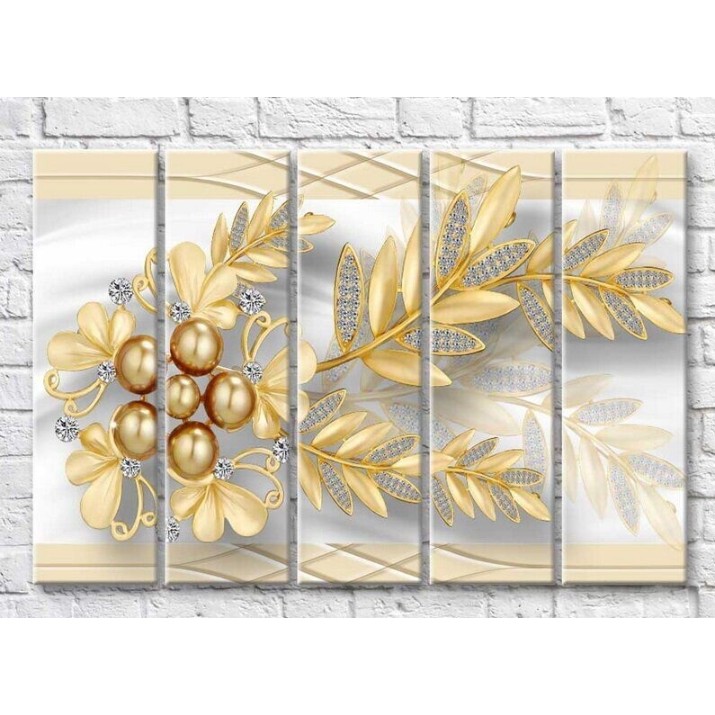 Pictură Rainbow Gold jewelry with sprigs on a beige background (3551884)
