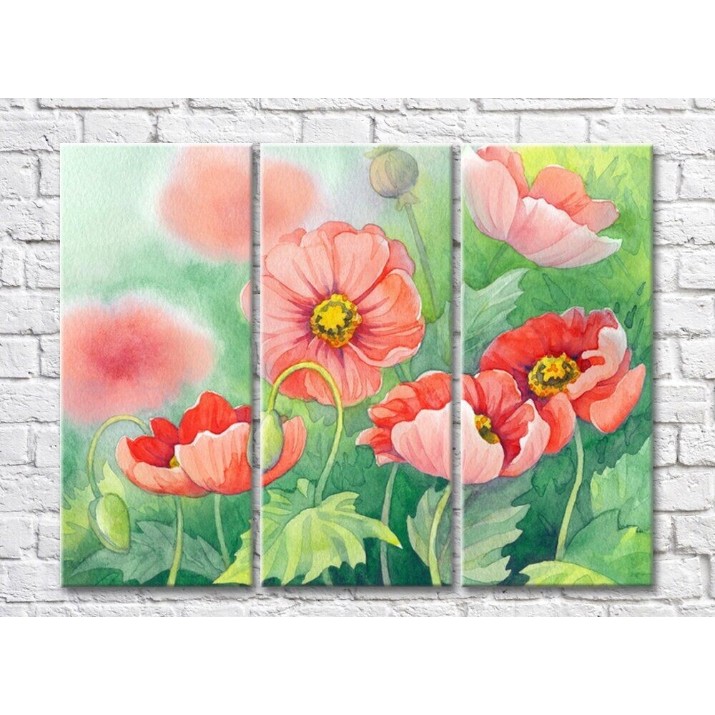 Pictură Rainbow Large flowers of poppies on a green background watercolor (500387)