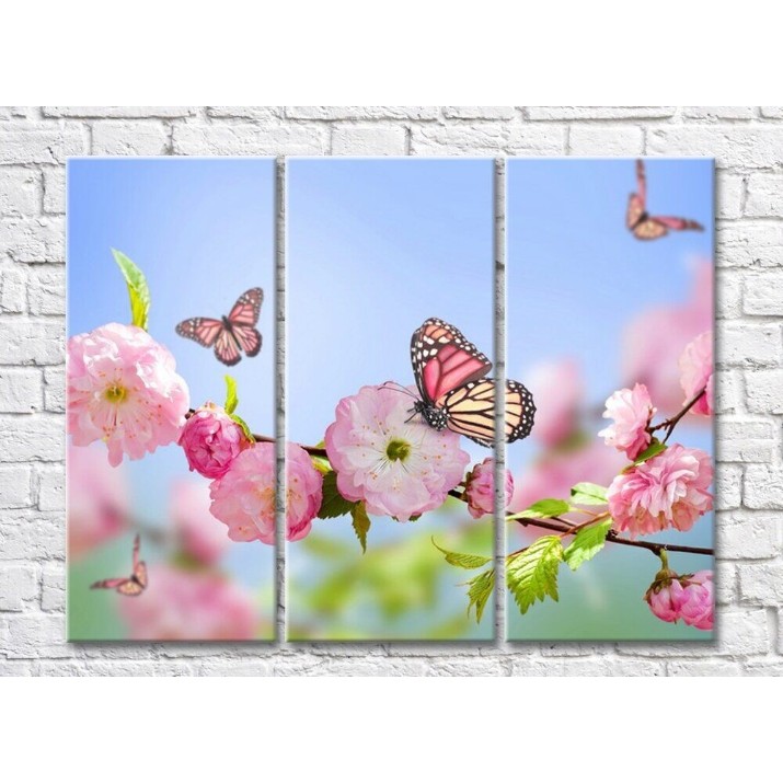 Картина Rainbow Motley butterflies and sakura branch on a blue sky background (500514)