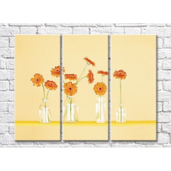 Pictură Rainbow Orange gerberas in glassware on a beige background (500487)