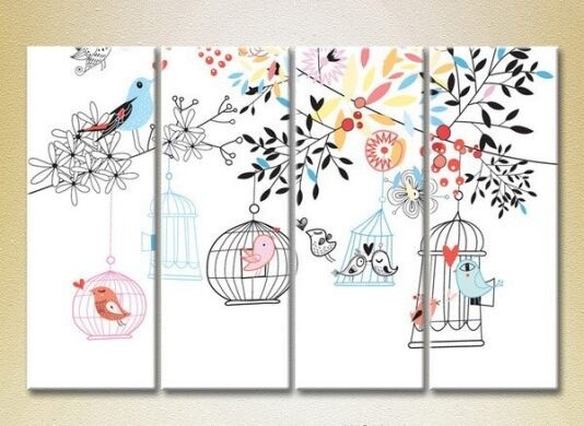 Pictură Rainbow Polyptych Birds Cages and Trees 01 (2230577)