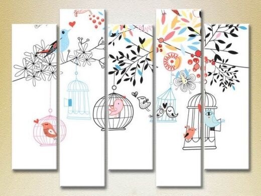 Pictură Rainbow Polyptych Birds Cages and Trees 03 (2231791)