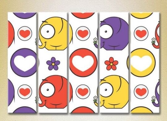Pictură Rainbow Polyptych Elephants hearts and flowers 03 (2231817)