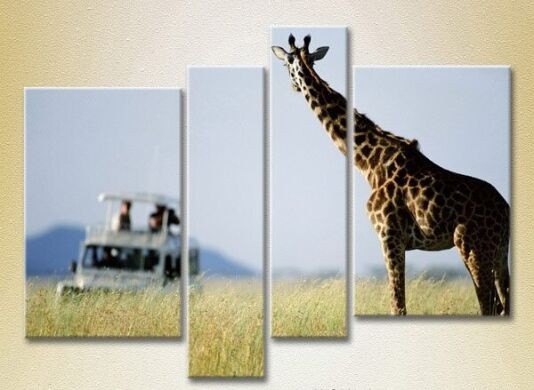 Pictură Rainbow Polyptych Giraffe and tourists (2718128)