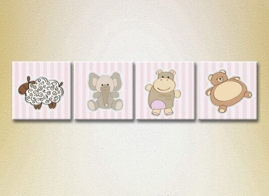 Pictură Rainbow Polyptych Hippo cub lamb elephant (2230640)
