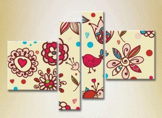 Pictură Rainbow Polyptych Texture burgundy flowers and birds 02 (2230636)