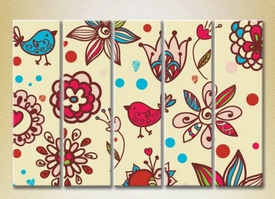 Картина Rainbow Polyptych Texture burgundy flowers and birds 03 (2231827)