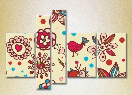 Картина Rainbow Polyptych Texture burgundy flowers and birds 04 (2231828)