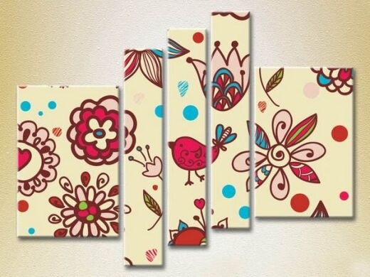 Картина Rainbow Polyptych Texture burgundy flowers and birds 06 (2231830)