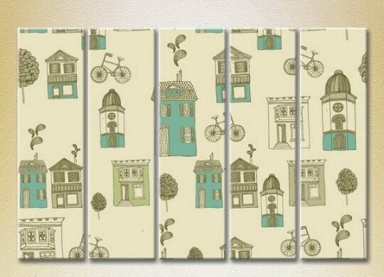 Pictură Rainbow Polyptych Texture Houses and bicycles 04 (2231847)
