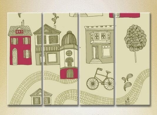 Картина Rainbow Polyptych Texture Houses and bicycles burgundy 01 (2230630)