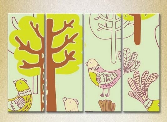 Pictură Rainbow Polyptych Trees and Birds (2230547)