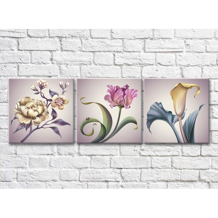 Pictură Gallerix Triptych of flowers on a lilac background (500722)