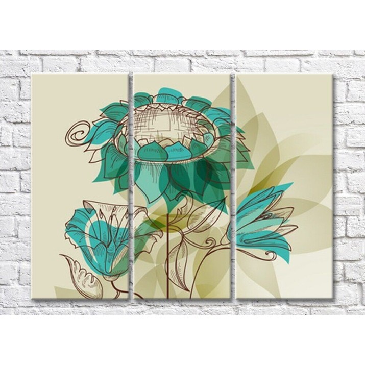 Pictură Magic Color Turquoise flowers on a Gray/Green background (500094)
