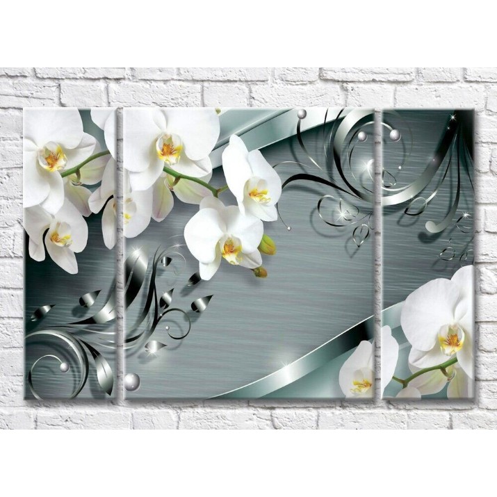 Pictură Magic Color White orchids and steel patterns on a Green background (3565149)
