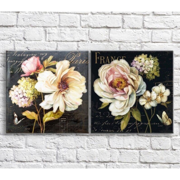 Pictură Magic Color White peonies and butterflies on a Black background with text, diptych (3467677)