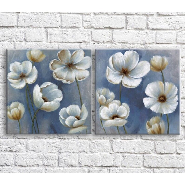 Картина Magic Color White poppies in oil on a Dark/Blue background, diptych (3467669)