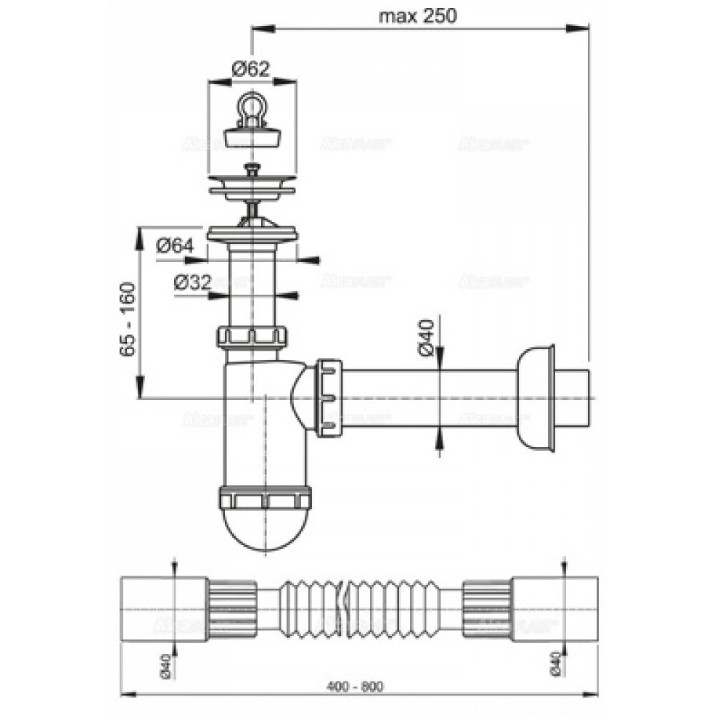 Sifon pentru lavoar AlcaPlast A41+A710 63" 40 (97905)