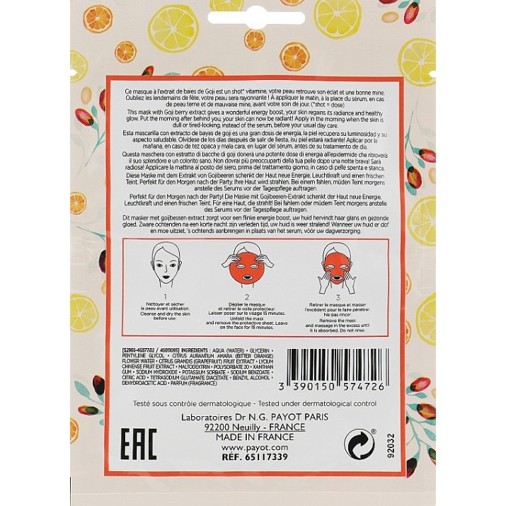 Тканевая маска Payot Morning Hangover Detox and Radiance Sheet Mask 1pcs