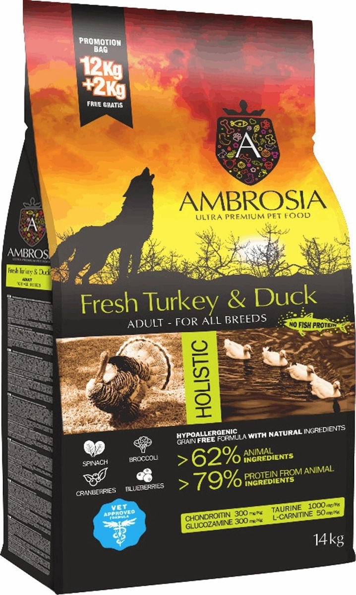 Hrană uscată pentru câini Ambrosia Adult Dog Fresh Turkey & Duck 14kg