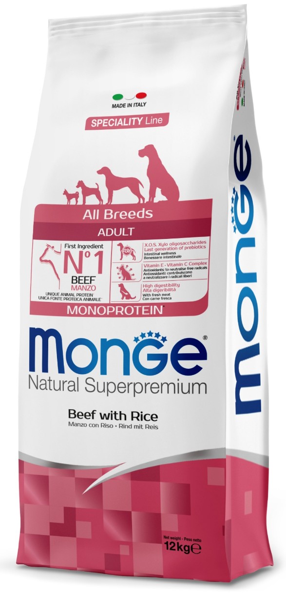 Hrană uscată pentru câini Monge Superpremium All Breeds Adult Monoprotein Manzo con Riso 12kg