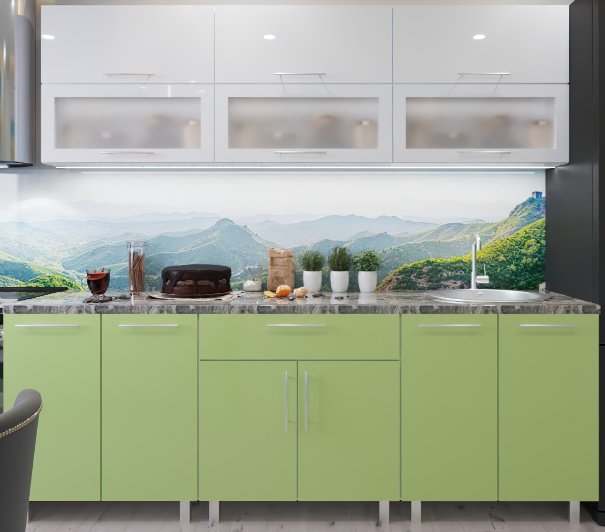 Bucătărie Bafimob Modern (High Gloss) 1.8m glass White/Green